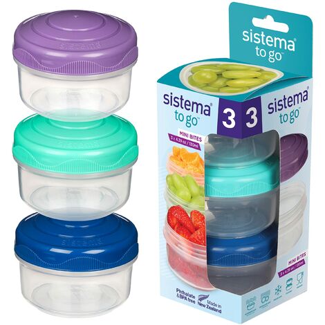 Sistema Mini Bites TO GO barattoli per snack 130 ml Contenitori per snack impilabili con coperchio Privi di BPA Coperchi verdi, rosa e blu 3 pezzi
