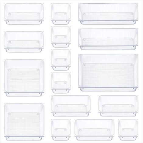 Sistema organizer per cassetti da 16 pacchi, sistema organizer con 5 dimensioni di cassetti, antiscivolo, trasparente, organizer per trucchi