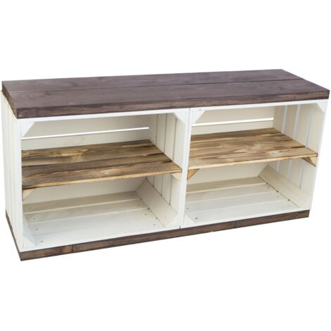 Sitzbank weiss  mit Sitzfläche aus dicken palisander Holzplanken Mittelbrettern geflammt