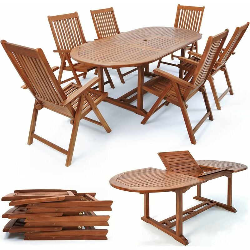 Sitzgruppe Vanamo 6+1 FSC®-zertifiziertes Eukalyptusholz klappbar 7-TLG Tisch Sitzgarnitur Holz Gartenmöbel Garten Set - Deuba