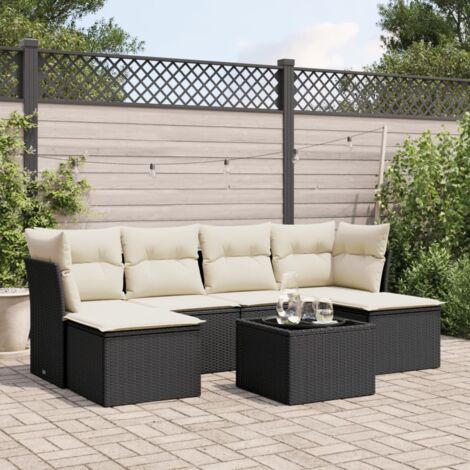 Sitzgruppe 7-teilig mit Kissen Schwarz Rattan
