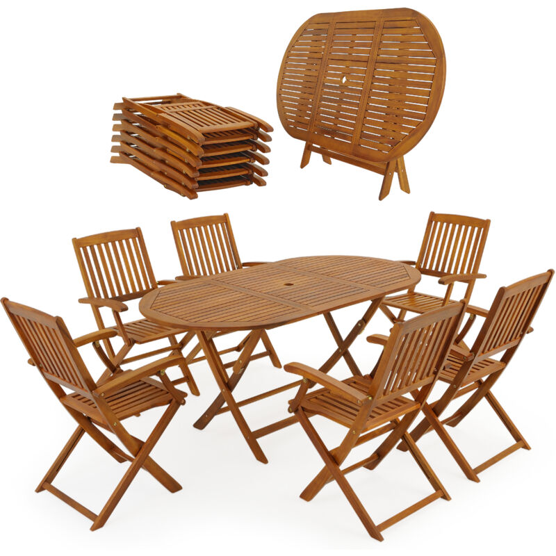 Gartenmöbel Set Holz Fsc®-zertifiziert Wetterfest Klappbar 7-tlg. Schirmständer Armlehnen Garten Balkon Terrasse 160x85x74cm Akazie Braun - Casaria