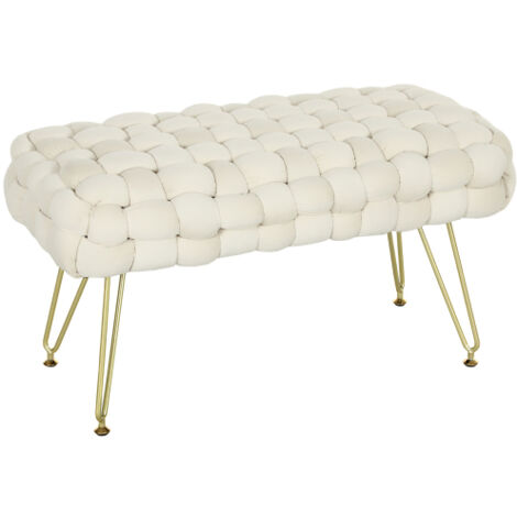 Sitzhocker, Polsterbank mit Samtoptik, Fußbank mit gepolstertem Sitz, Metallbeine, Fußstütze, für Wohnzimmer, Schlafzimmer, 76 x 38 x 41,5 cm, Cremeweiß