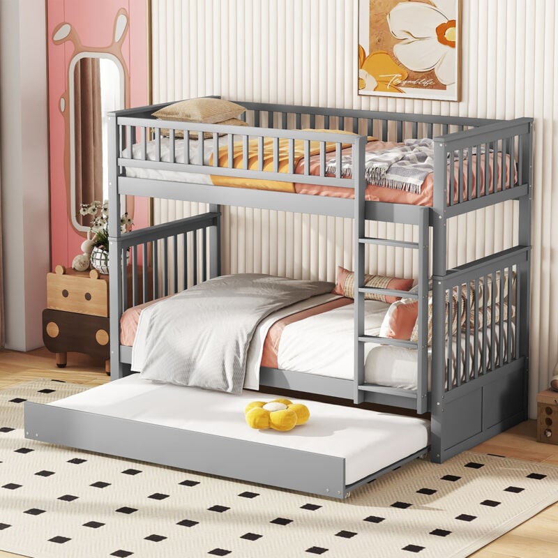 Lits superposés, lits d'enfant, lits triples, lits superposés avec lit gigogne, garde-corps hauts, escalier stable, gris, 90 x 200 cm