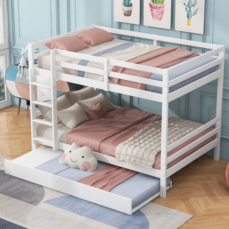 Okwish - Lit superposé 140x200 cm lit enfant 3 places avec lit gigogne, garde-corps hauts et escalier stable, en pin, blanc