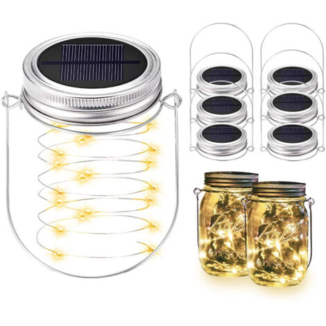 Six guirlandes lumineuses à couvercles de bocaux en verre alimentées à l'énergie solaire,20graindirigéperles LED (bocal exclu)