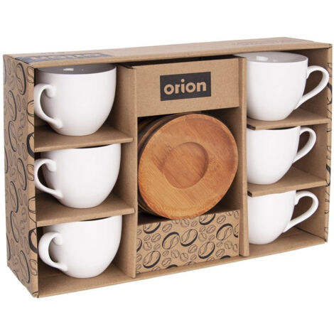 Six porcelain cups with bamboo saucers in gift box