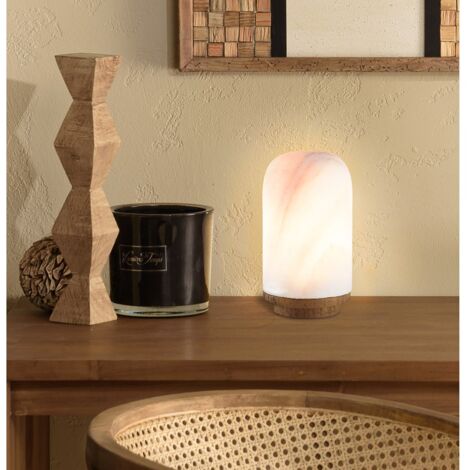 SIXTINE - Lampe à poser pierre naturelle d'onyx et bois teck recyclé