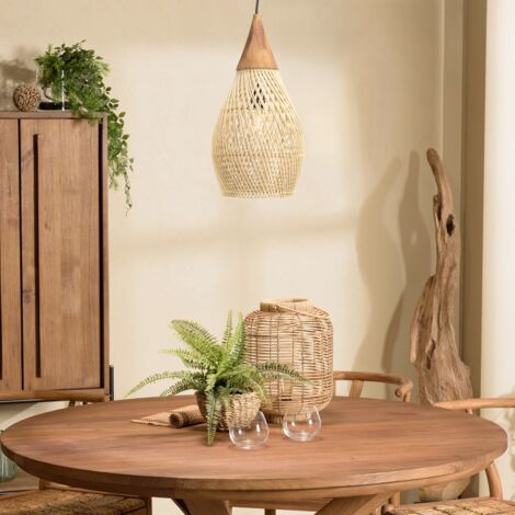 SIXTINE - Suspension 'goutte' 25x25cm bois de teck et rotin naturelle