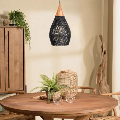 SIXTINE - Suspension 'goutte' 25x25cm bois teck et rotin couleur noire