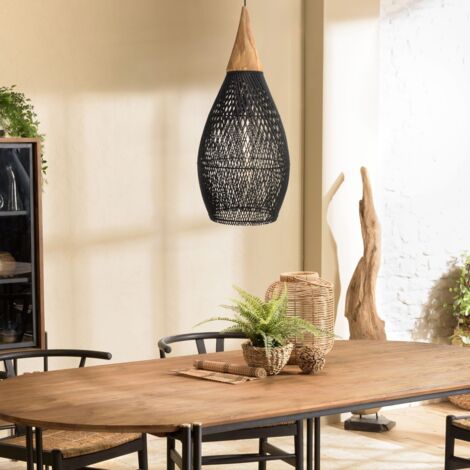 SIXTINE - Suspension 'goutte' 35x35cm bois de teck et rotin noire