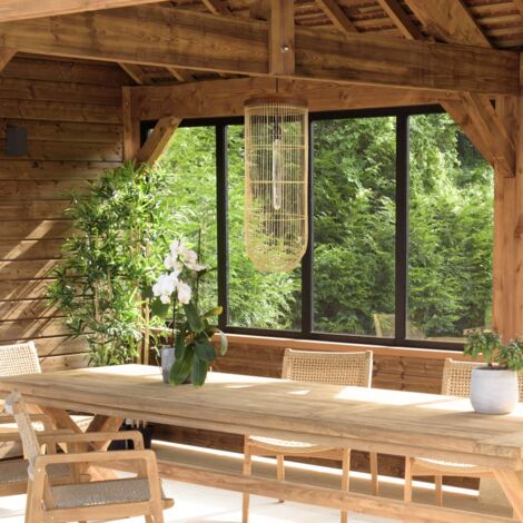 SIXTINE - Suspension 'longue' 25x25cm bois de teck et rotin naturelle