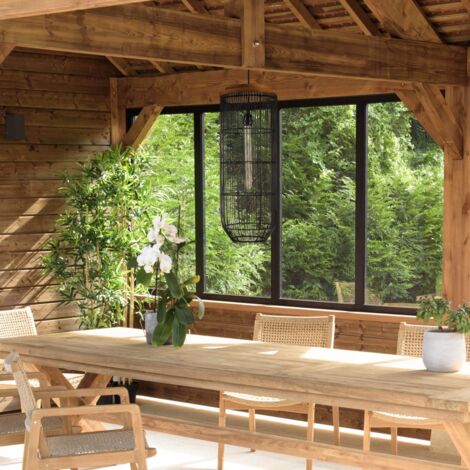 SIXTINE - Suspension 'longue' 25x25cm en bois de teck et rotin noire