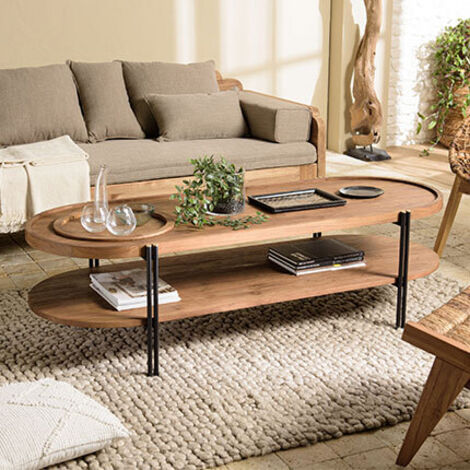 SIXTINE - Table basse bois teck recyclé 2 niveaux plateau amovible