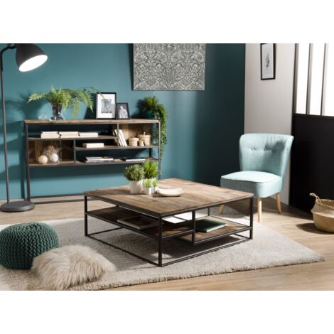 SIXTINE - Table basse carrée avec tablettes 100x100cm bois Teck recyclé