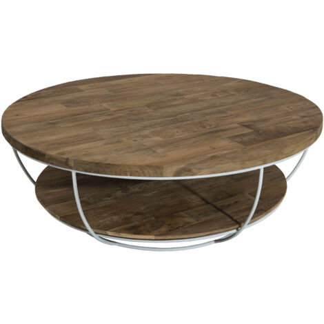 SIXTINE - Table basse plateau 100x100cm bois teck recyclé métal blanc