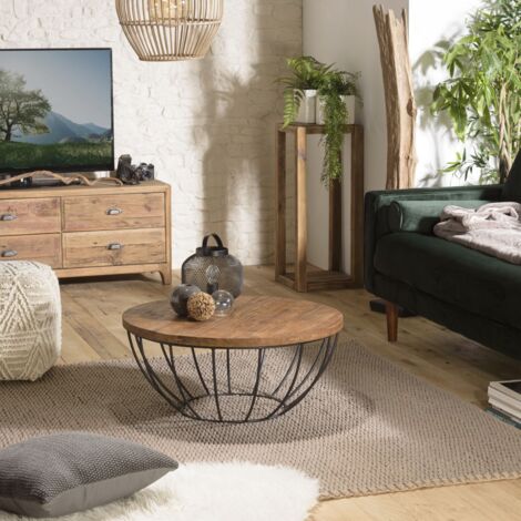 SIXTINE - Table basse ronde 80x80cm plateau bois teck recyclé noir
