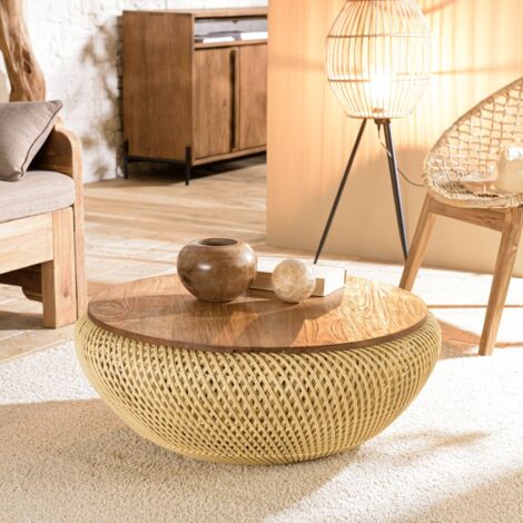 SIXTINE - Table basse ronde diam80 plateau bois teck recyclé rotin