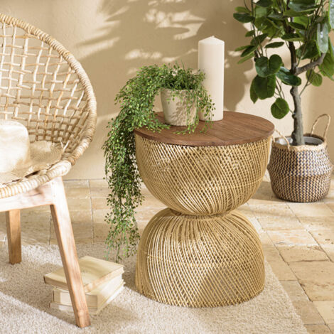 SIXTINE - Table d'appoint en rotin beige plateau en bois teck recyclé
