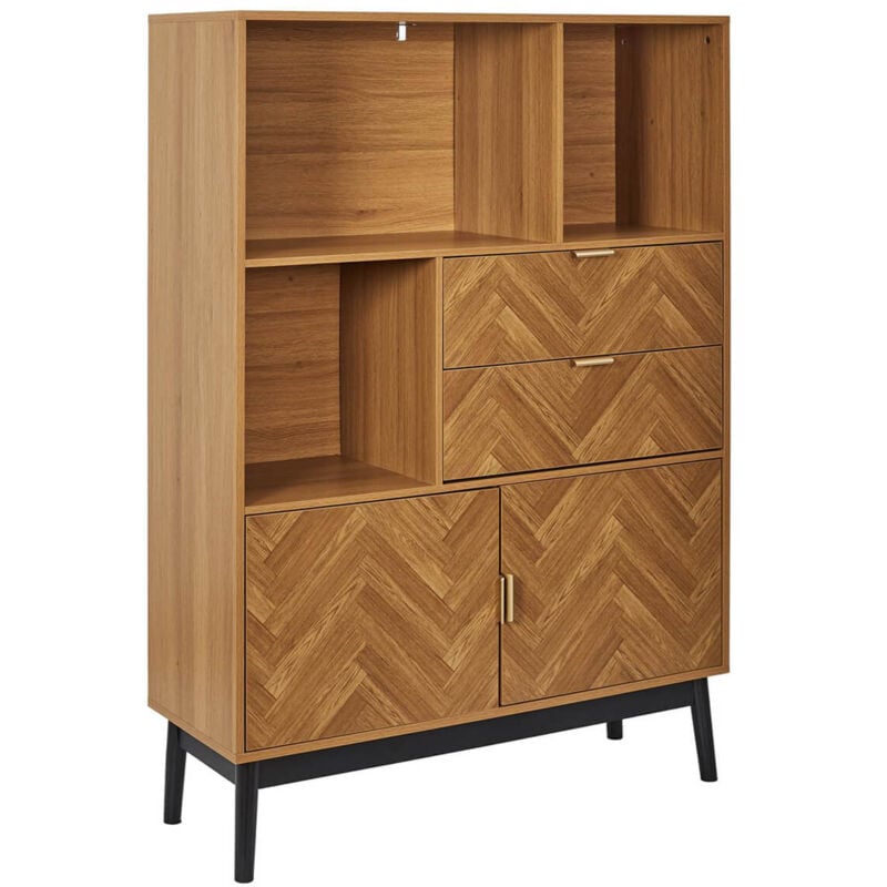 Altobuy - sixtys - Bibliothèque Aspect Bois Décor Chevrons Piétement Noir