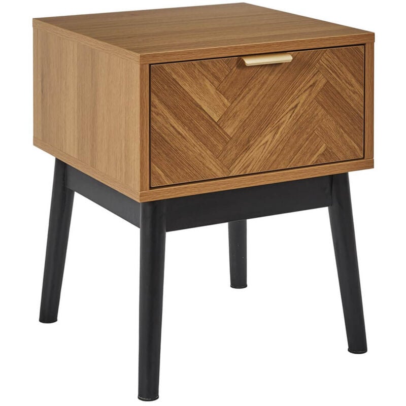 Sixtys - Chevet 1 Tiroir Aspect Bois Décor Chevrons Piétement Noir