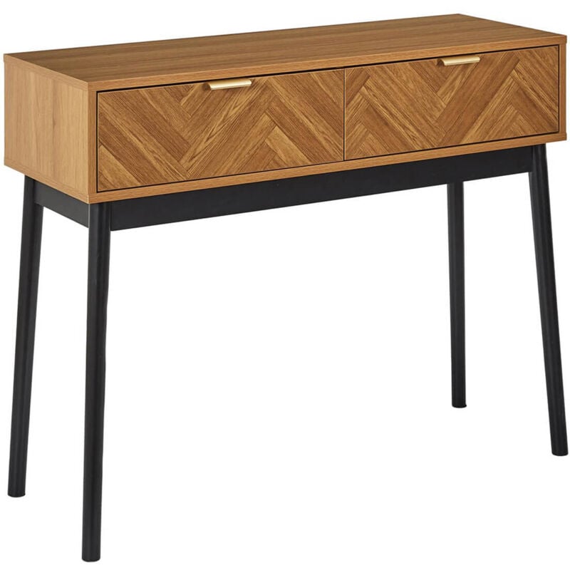 Altobuy - sixtys - Console 2 Tiroirs Aspect Bois Décor Chevrons Piétement Noir