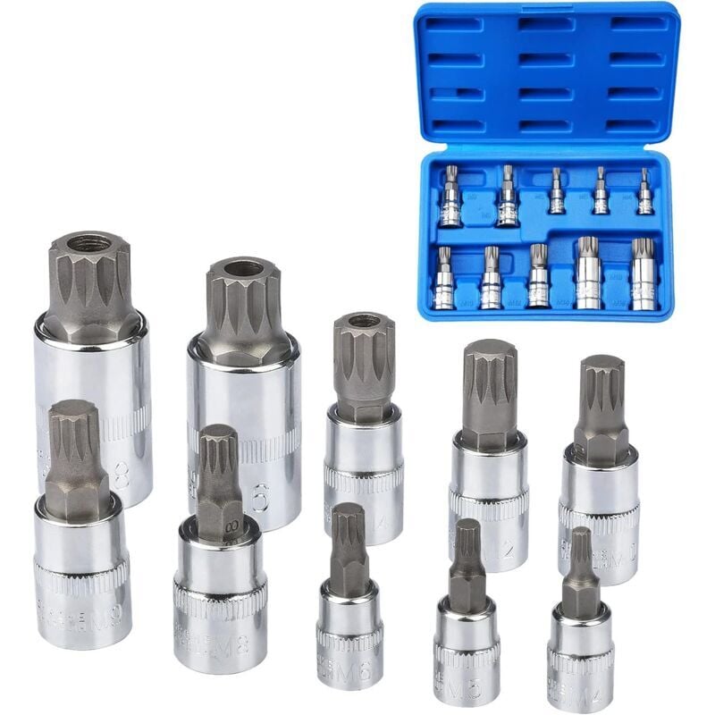 10PCS douilles cannelées M4 – M18 Torx – Ensemble de douilles carrées triple avec étui de rangement
