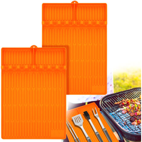 SJLERST 2 Pièces Tapis de Cuisson Barbecue 40  30 cm, Ustensiles Barbecue Compatible avec Grille à Gaz, Tapis de Spatule en Silicone Tapis d’Etagère Latérale pour BBQ Grills Comptoirs (Orange - Mince)