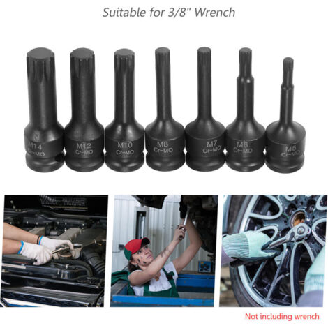 SJLERST 3/8"-Schlagschrauber-Steckschlüsselsatz (7-teilig, metrische Größen: 5 mm, 6 mm, 7 mm, 8 mm, 10 mm, 12 mm und 14 mm) XZN, Dreifach-Vierkantantrieb-Bits