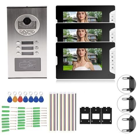 SJLERST Video Trklingelkamera, 7 '' Video Intercom Smart Trsprechanlage Nachtsicht Trklingel mit 3 Monitoren fr die Sicherheit zu Hause(EU-Stecker)