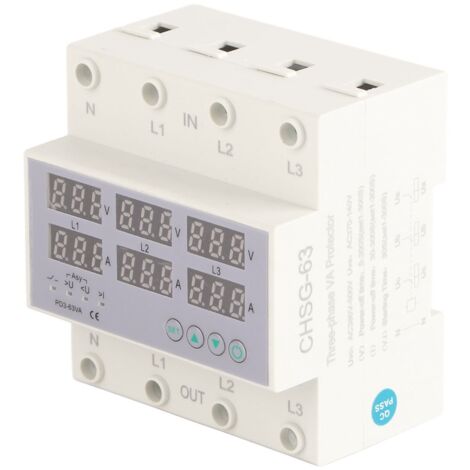 SJLERST Ampèremètre Voltmètre à Rail DIN triphasé, AC 390 à 500V Dispositif de Protection de Courant à Réponse Rapide Protecteur Automatique de Surtension contre les Surintensités ,63A
