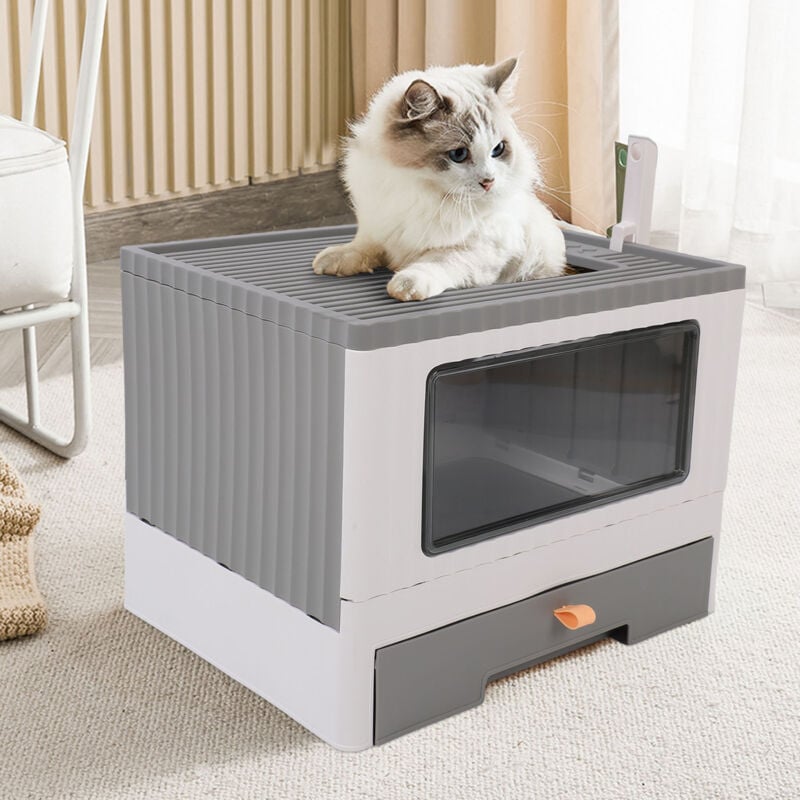 Sjlerst - Bac à Litière fermé pour Chat, Facile à Nettoyer, Grande capacité, Empêche Les éclaboussures, Pliable pour Les Voyages (Grey)