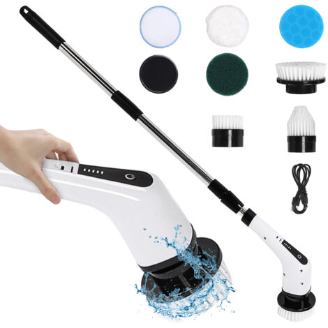 SJLERST Brosse Électrique Nettoyage Rotative, Brosse De Nettoyage sans Fil 8 TÊTes de Brosse Remplaçables, Brosse ÉLectrique Douche Poignée Ajustable Salle de Bain, Carrelage et Voiture - Blanc