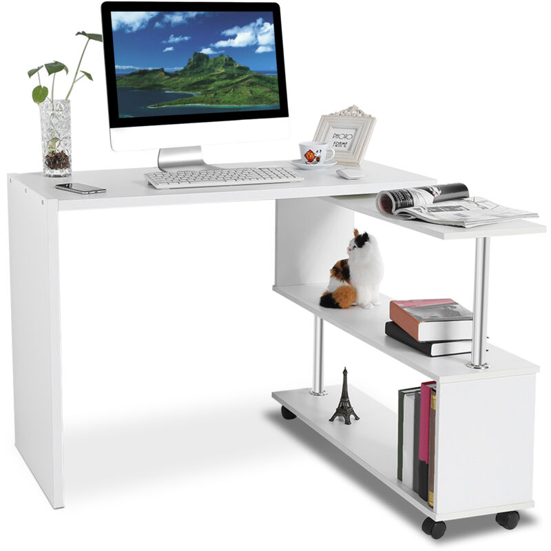Bureau Informatique, Bureau d'Ordinateur avec Étagère Rangement à Pivotante à 360 Degrés et Étagère Réglables, Gain d'Espace pour Bureau et Salle