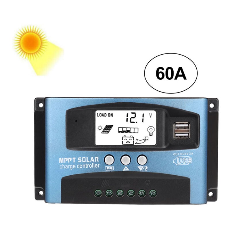 SJLERST Contrôleur de Charge Solaire MPPT 60A, Régulateur de Batterie Intelligent de Contrôleur de Regulateur Panneau Solaire USB 12V 24V avec écran