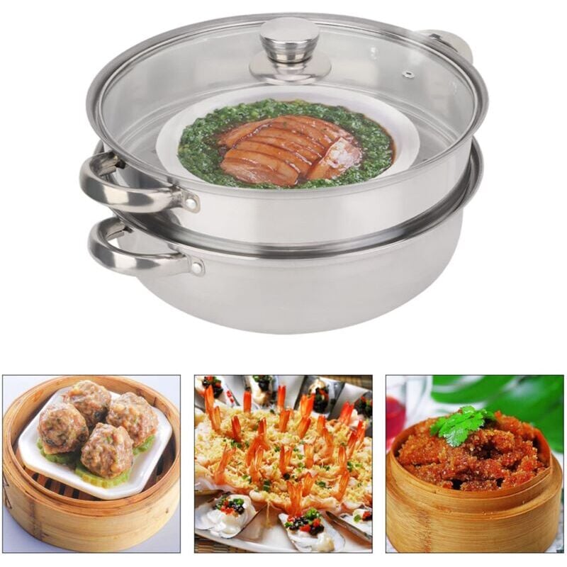 Cuiseur vapeur en acier inoxydable, 27 cm / 11 Pouces Batterie de Cuisine en Acier Inoxydable Cuiseur Vapeur 2 Couches Cuiseur Vapeur Double Couche