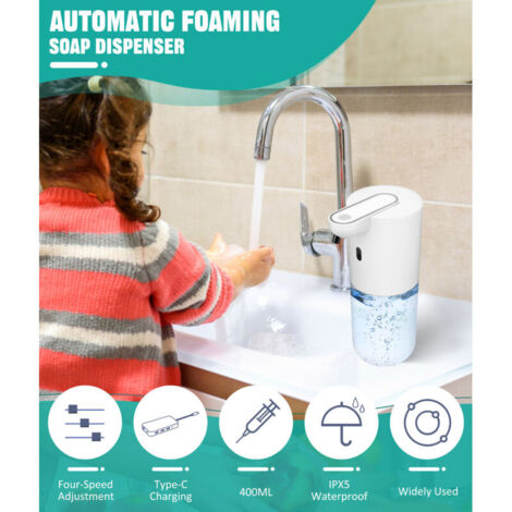 SJLERST Dispenser automatico di sapone in schiuma da parete, dispenser elettrico da 500 mAh e 400 ml, non richiede foratura, ricaricabile tramite USB, impermeabile IPX5 per bagno, WC e cucina.