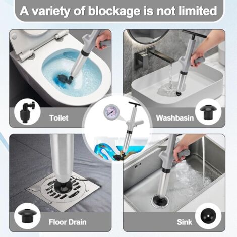 SJLERST Druckluft-Toilettenpümpel, Pümpel mit Barometer, Toilettenpümpel mit 3 Kolbenköpfen und Aufblasvorrichtung, zum Reinigen von Verstopfungen in Toilette, Waschbecken und Badewanne (Grau)