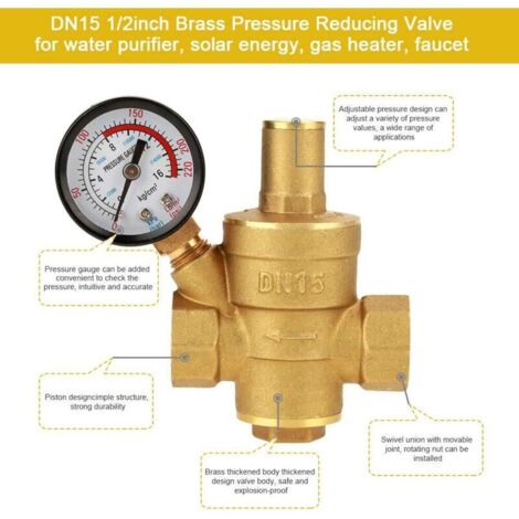 SJLERST Druckminderungsventil, DN15 Messing-Wasserdruckminderungsventil 1/2", verstellbares Gewinde-Wasserregelventil mit metrischem Manometer, weitere Komponenten für die Druckluftaufbereitung