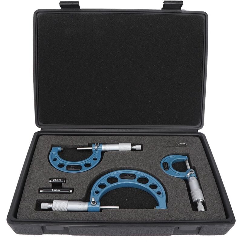 Ensemble de Micromètre Extérieur 4 Pièces, Micromètre Métrique 0-100mm 0.01mm Haute Précision avec Boîte de Rangement, pour une Mesure Précise de la