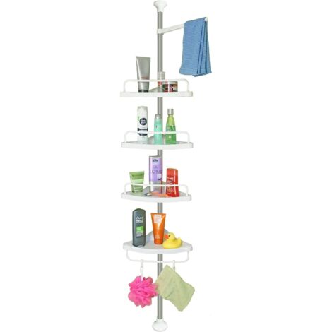 SJLERST Étagère de douche télescopique en plastique, étagère d'angle de salle de bain, barre télescopique, en acier inoxydable, sans perçage, avec 4 étagères, hauteur réglable de 307 cm