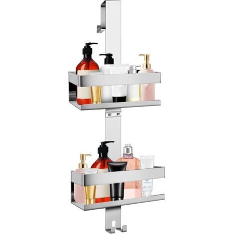 SJLERST Hanging Shower Shelf with Hooks, Adjustable, No Drilling Required, 2 Pieces, for Frameless Glass Doors, Silver