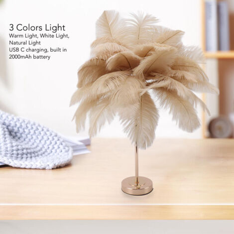 SJLERST Kreative weiße Straußenfeder-Tischlampe, Nachttischlampe, luxuriöser und eleganter Lampenschirm, wiederaufladbar, Kamel-Schreibtischlampe
