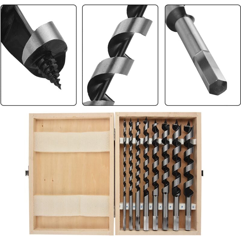 Lot de 8 forets à levier hexagonaux avec boîtier en bois, 230mm Foret à Bois Set en Acier Au Carbone Spiral Trou Cutter Outil à Bois Kit - Sjlerst