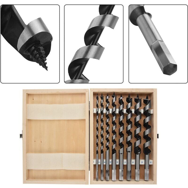 SNQ - Lot de 8 forets à levier hexagonaux avec boîtier en bois, 230mm Foret à Bois Set en Acier Au Carbone Spiral Trou Cutter Outil à Bois Kit