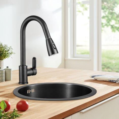 SJLERST Mini évier de cuisine rond en acier inoxydable, cuve unique avec accessoires de vidange, noir