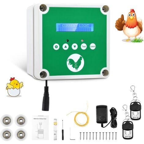 SJLERST Porta automatica per pollaio, apriporta automatico per pollaio con 2 telecomandi e timer, kit porta elettrica per pollaio per proteggere il pollo (porta non inclusa)