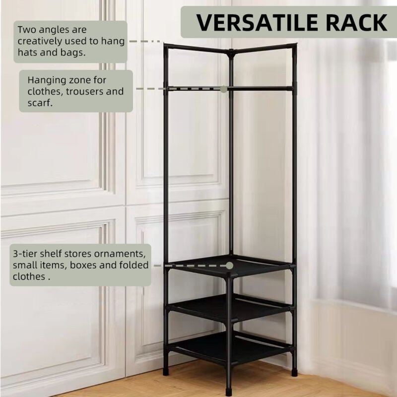 SNQ - Porte-manteau d'angle, organisateur d'angle industriel avec 3 étagères pour chambre à coucher, buanderie, foyer, salle de séjour, bureau(noir)