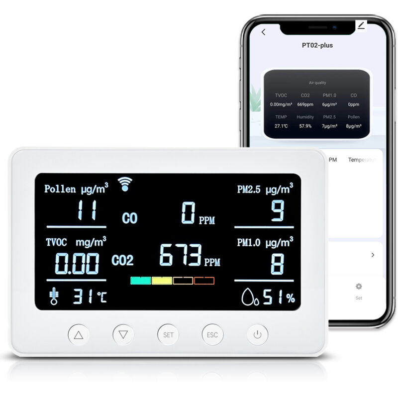 PT02-Plus Détecteur de gaz multifonction 8-en-1, écran lcd 7 pouces Capteur ndir Tuya app 2.4GHz WiFi °c/°f Commutation °c/°f Surveillance intérieure