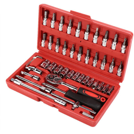 SJLERST Ratchet Wrench Set, 46-Piece Socket Wrench Kit, 1/4-inch Drive Ratchet, Metric Garage Car Repair Tool